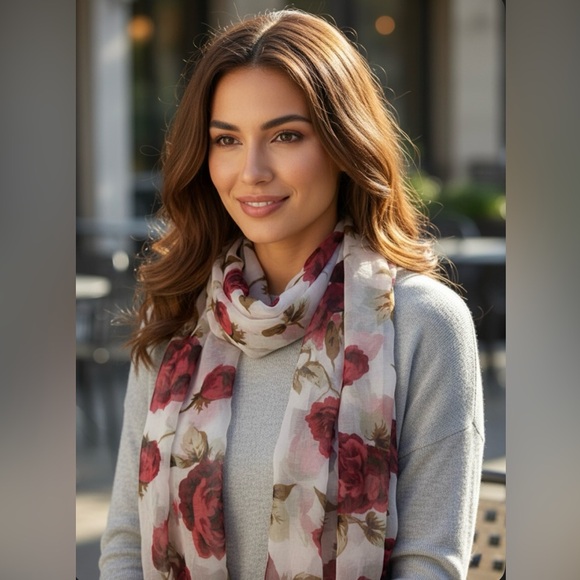 Red & White Floral Sheer Scarf - Rich Red Roses - Picture 7 of 7